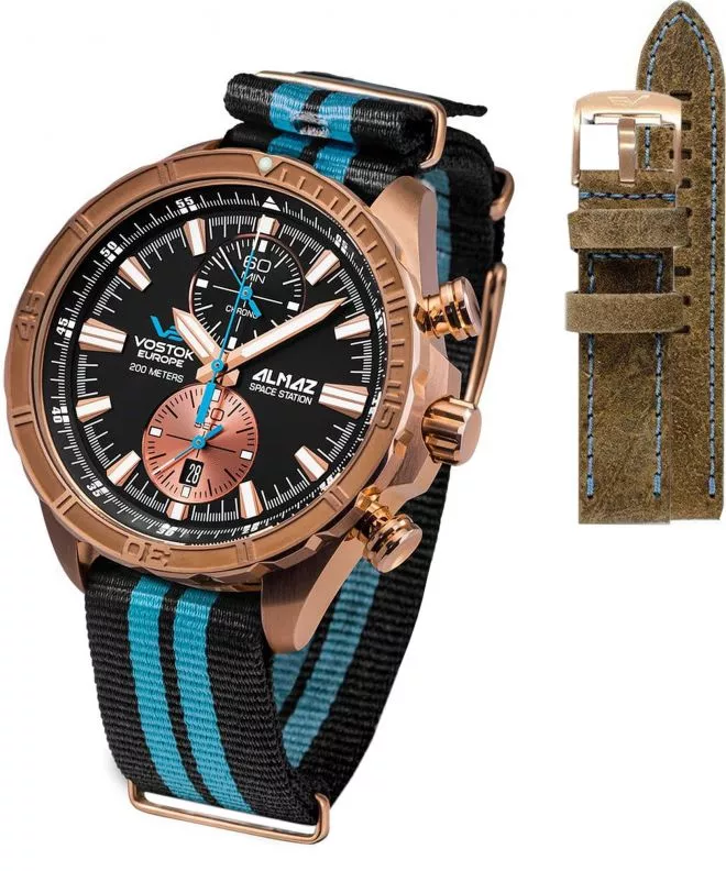 Vostok Europe Almaz Space Station Grand Chrono Bronze Line + Vostok strap gents watch 6S11-320O266-6979