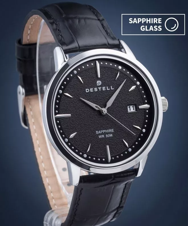 DESTELL Pictor Black Silver Leather Sapphire watch PT405-15-201L