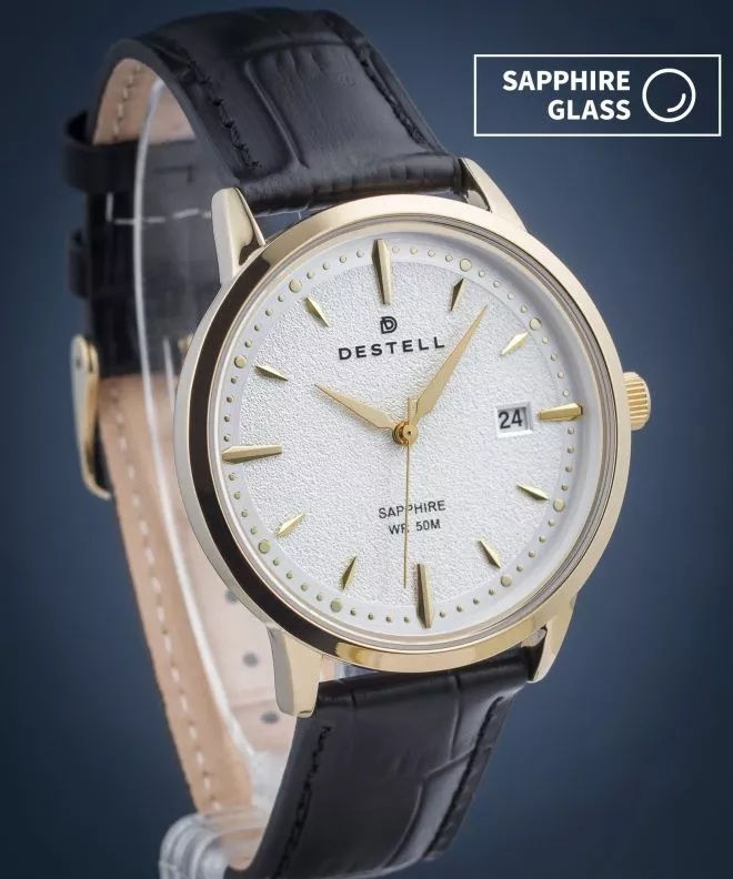 DESTELL Pictor Silver Gold Black Leather Sapphire watch PT404-55-201L