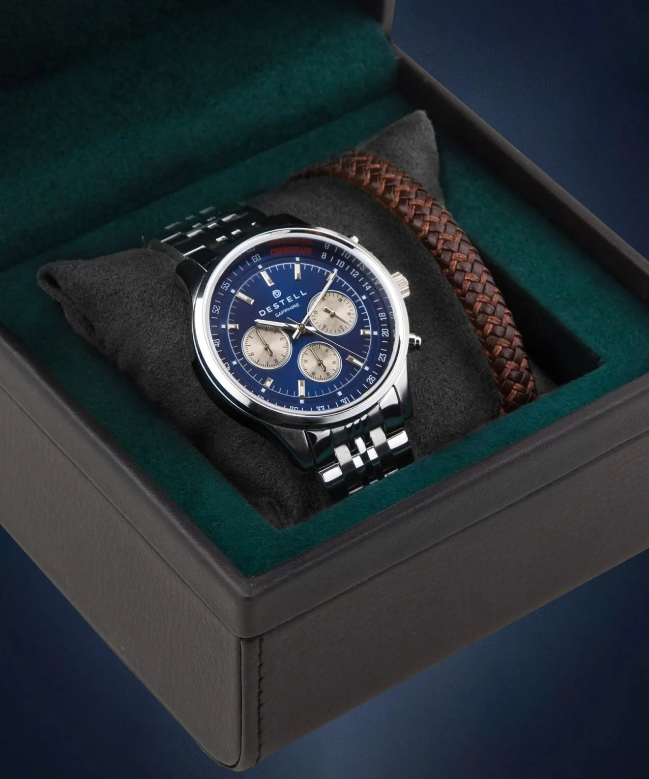 DESTELL Circinus Blue Silver Steel Chrono Sapphire Gift Set gents watch CR415-35-205J-9520-02