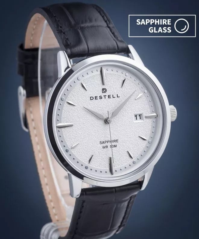 DESTELL Pictor Silver Black Leather Sapphire watch PT405-55-201L