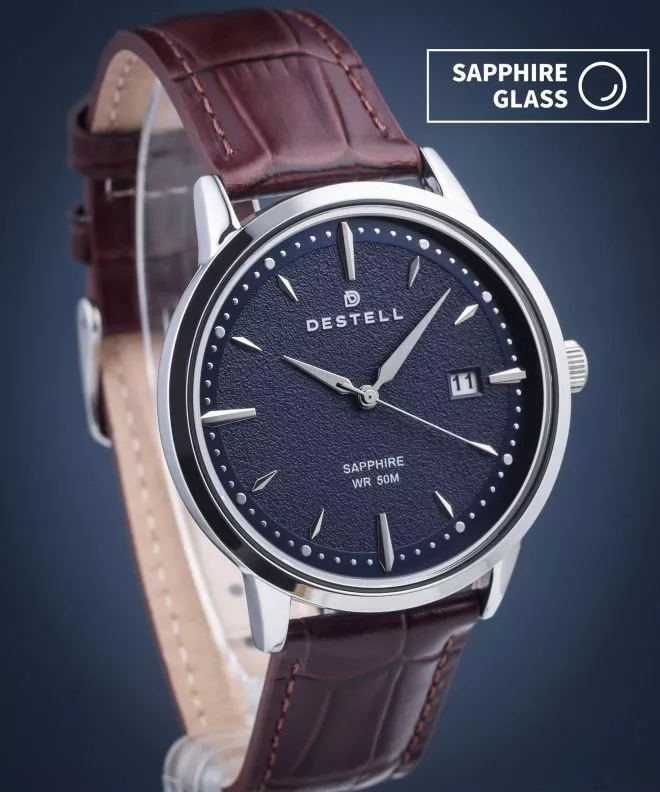 DESTELL Pictor Blue Silver Brown Leather Sapphire watch PT405-35-209L