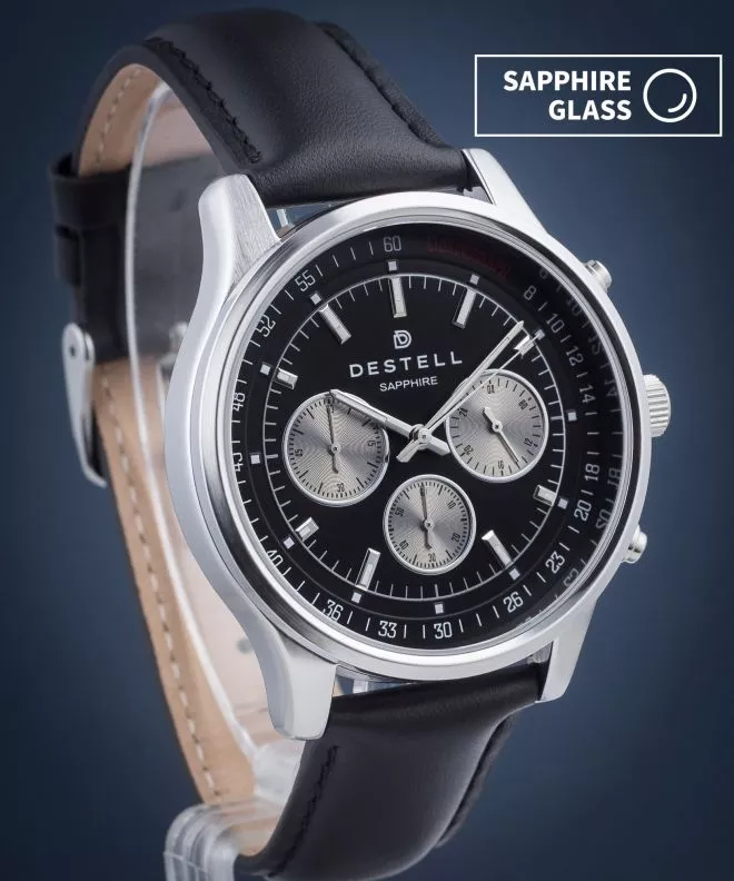 DESTELL Circinus Black Silver Leather Chronograph Sapphire watch CR415-15-201L