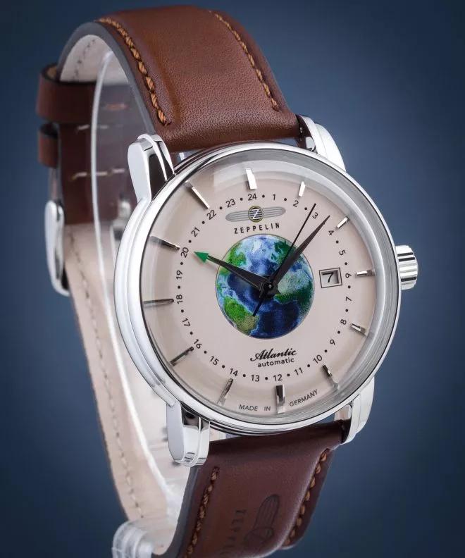 Zeppelin Orologio da uomo con cinturino in pelle serie Atlantic automatico giorno della settimana data 8466, Blu-grigio/marrone, Classico, elegante