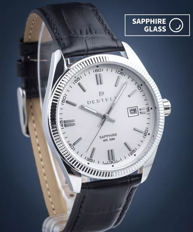 DESTELL Loup White Silver Black Leather Sapphire watch LU3855-25-201L
