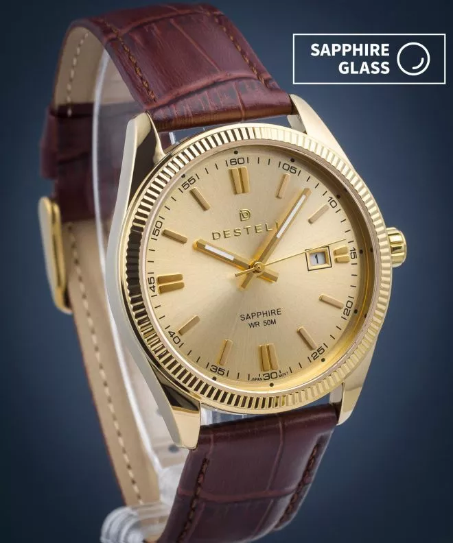 DESTELL Loup Gold Brown Leather Sapphire watch LU3854-44-209L