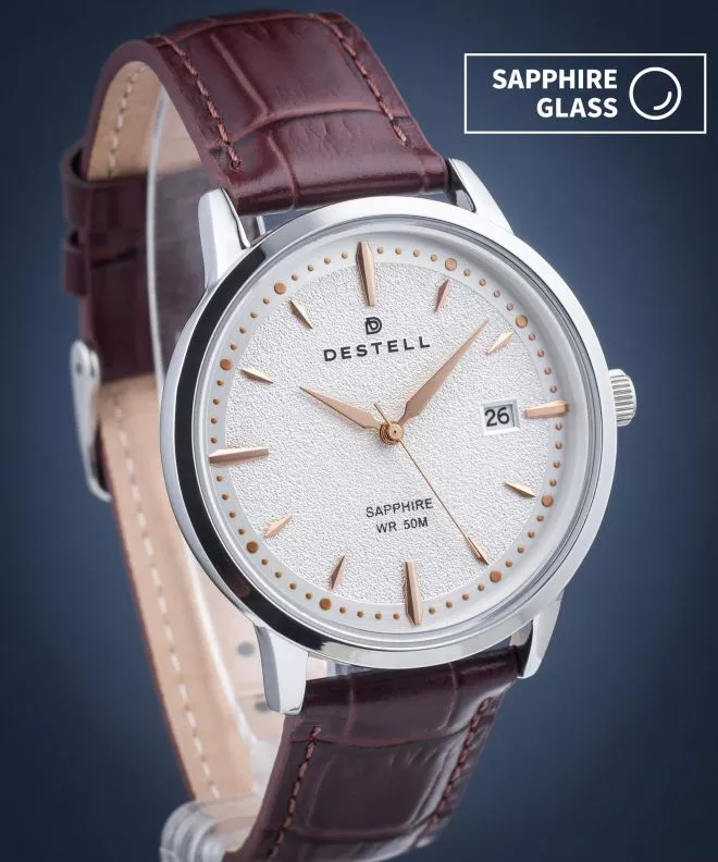 DESTELL Pictor Silver Brown Leather Sapphire watch PT405-57-209L