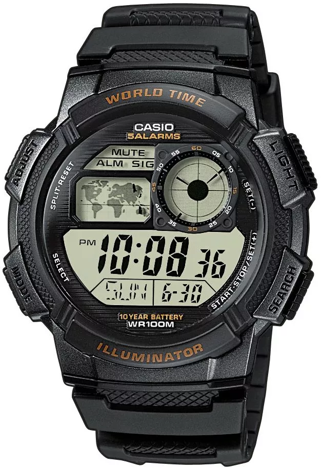 Casio World Time Illuminator Digital Watch 5 Alarms 48 Cities, AE1000W