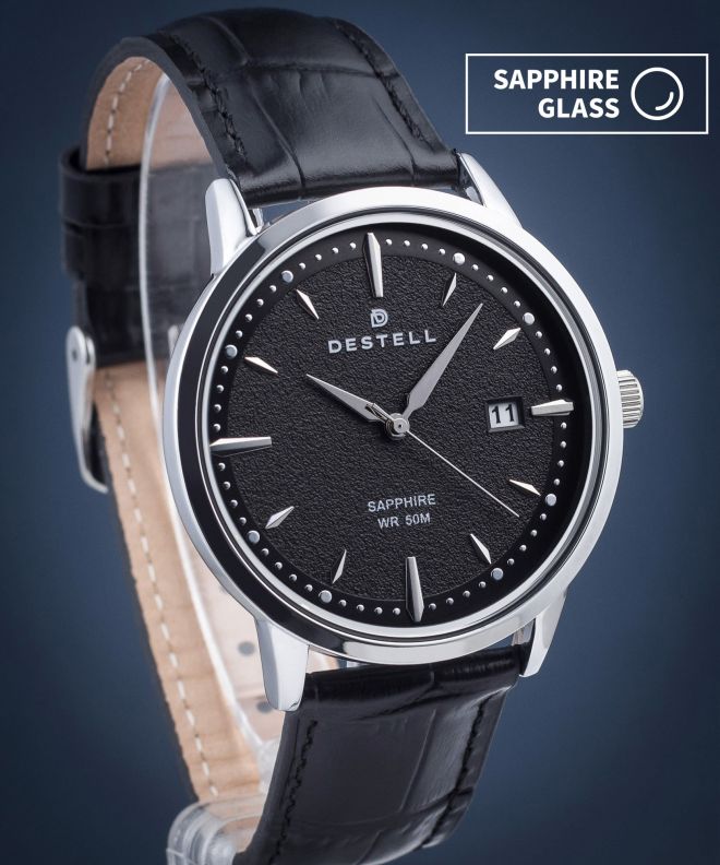 DESTELL Pictor Black Silver Leather Sapphire watch PT405-15-201L