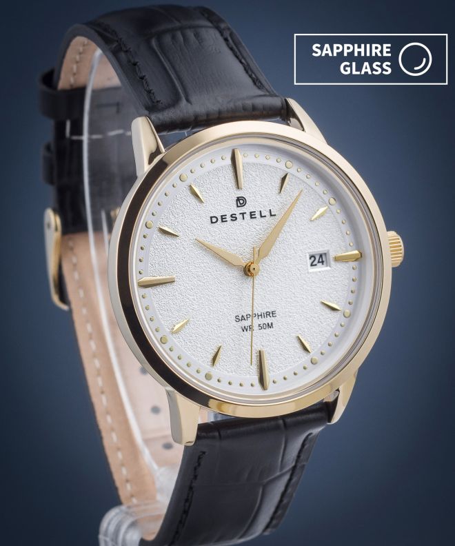 DESTELL Pictor Silver Gold Black Leather Sapphire watch PT404-55-201L