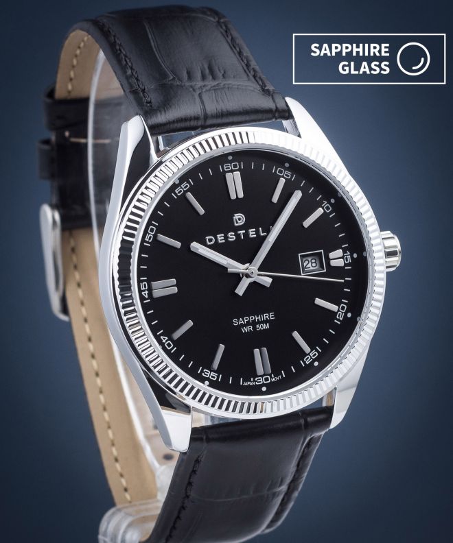 DESTELL Loup Black Silver Leather Sapphire watch LU3855-15-201L