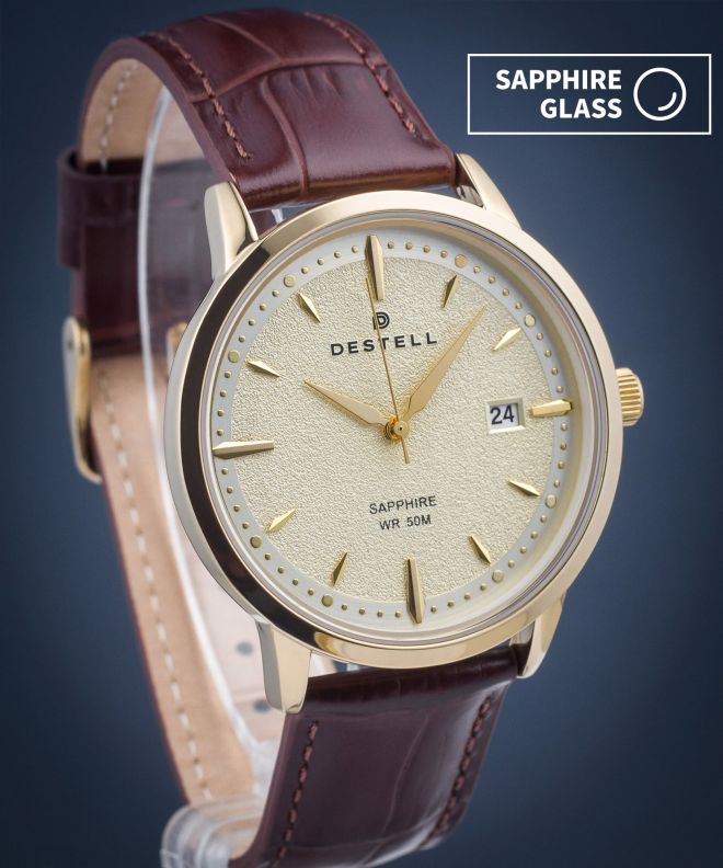 DESTELL Pictor Gold Brown Leather Sapphire watch PT404-44-209L