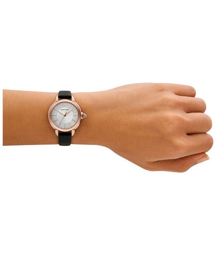 Emporio Armani Mia Three Hand Crystals Silver Dial Black Leather Strap Watch For Women - AR11631
