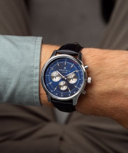 DESTELL Circinus Blue Silver Black Leather Chronograph Sapphire watch