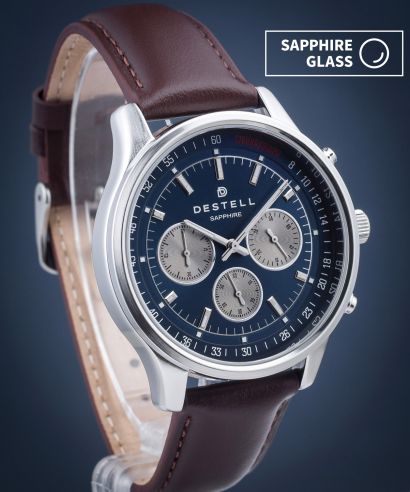 DESTELL Circinus Navy Blue Silver Brown Leather Chronograph Sapphire watch