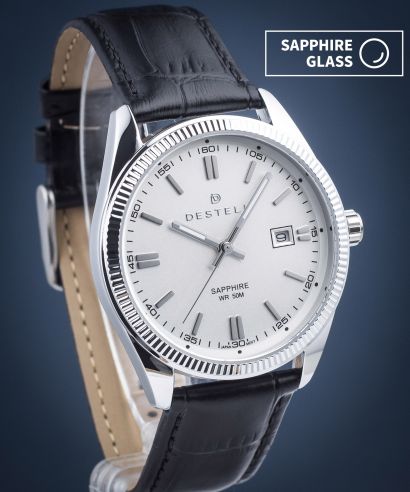 DESTELL Loup White Silver Black Leather Sapphire watch