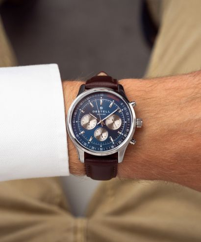 DESTELL Circinus Navy Blue Silver Brown Leather Chronograph Sapphire watch