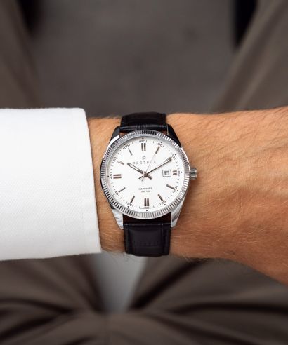 DESTELL Loup White Silver Black Leather Sapphire watch