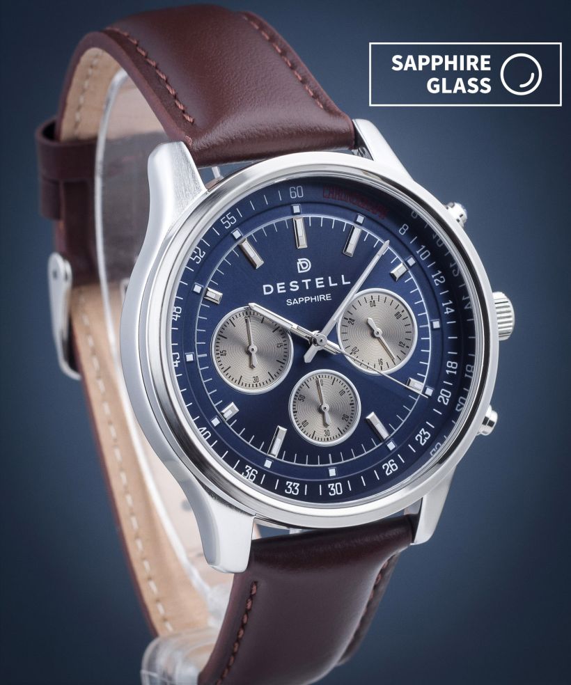 DESTELL Circinus Blue Silver Brown Leather Chronograph Sapphire watch