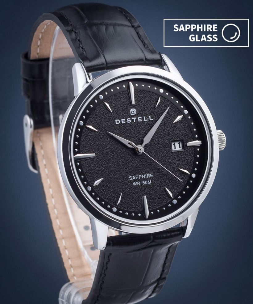 DESTELL Pictor Black Silver Leather Sapphire watch