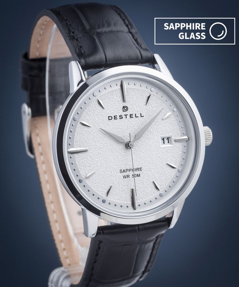 DESTELL Pictor Silver Black Leather Sapphire watch