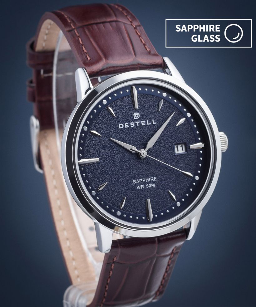 DESTELL Pictor Blue Silver Brown Leather Sapphire watch