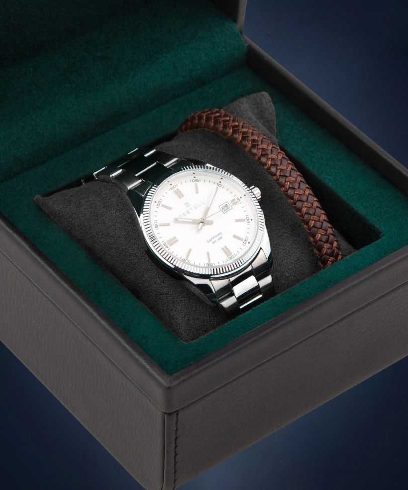 DESTELL Loup White Silver Steel Sapphire Gift Set gents watch