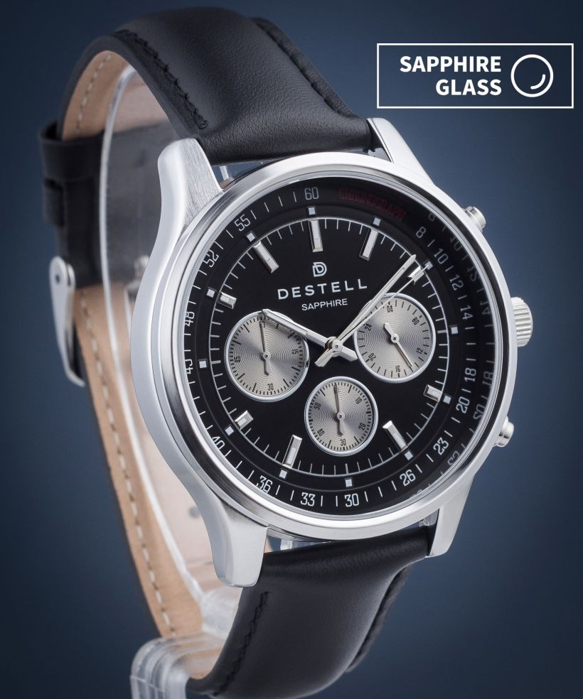 DESTELL Circinus Black Silver Leather Chronograph Sapphire watch