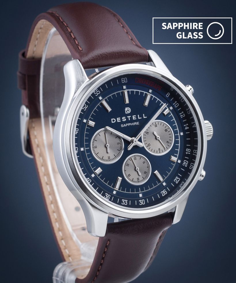 DESTELL Circinus Navy Blue Silver Brown Leather Chronograph Sapphire watch