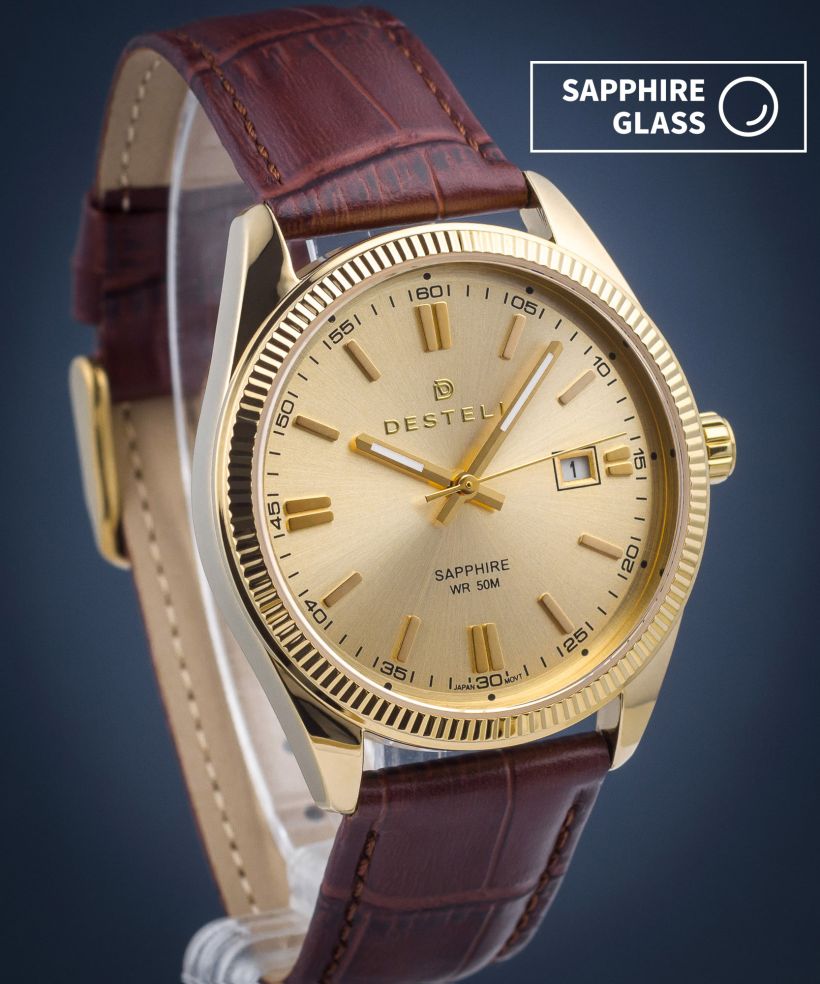 DESTELL Loup Gold Brown Leather Sapphire watch