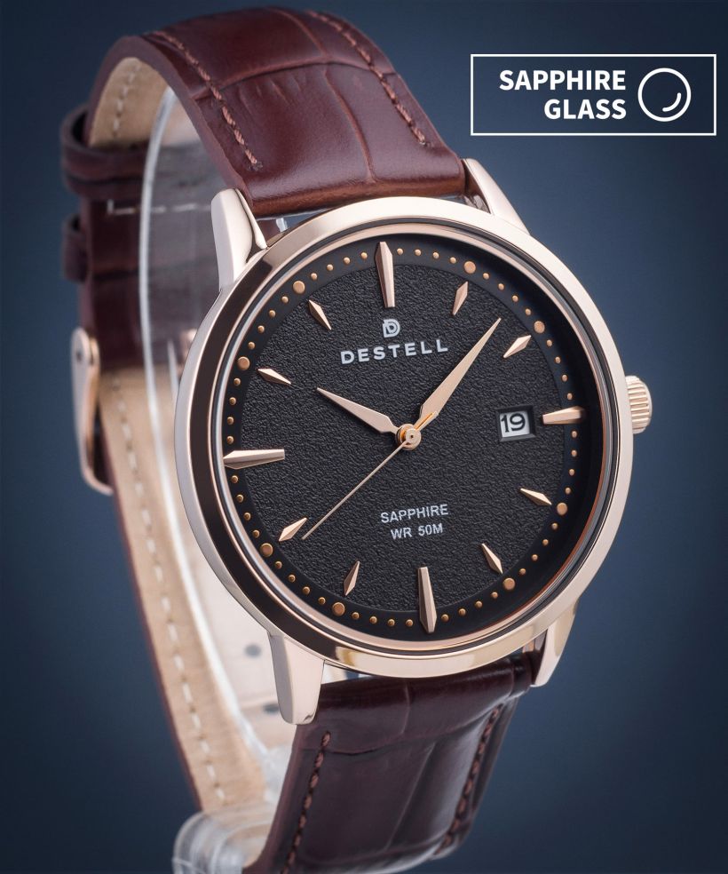 DESTELL Pictor Black Rose Gold Brown Leather Sapphire watch