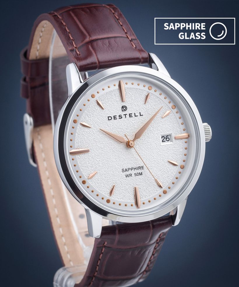DESTELL Pictor Silver Brown Leather Sapphire watch
