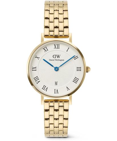 Daniel Wellington Petite Roman Numerals Date 5-link Gold ladies watch