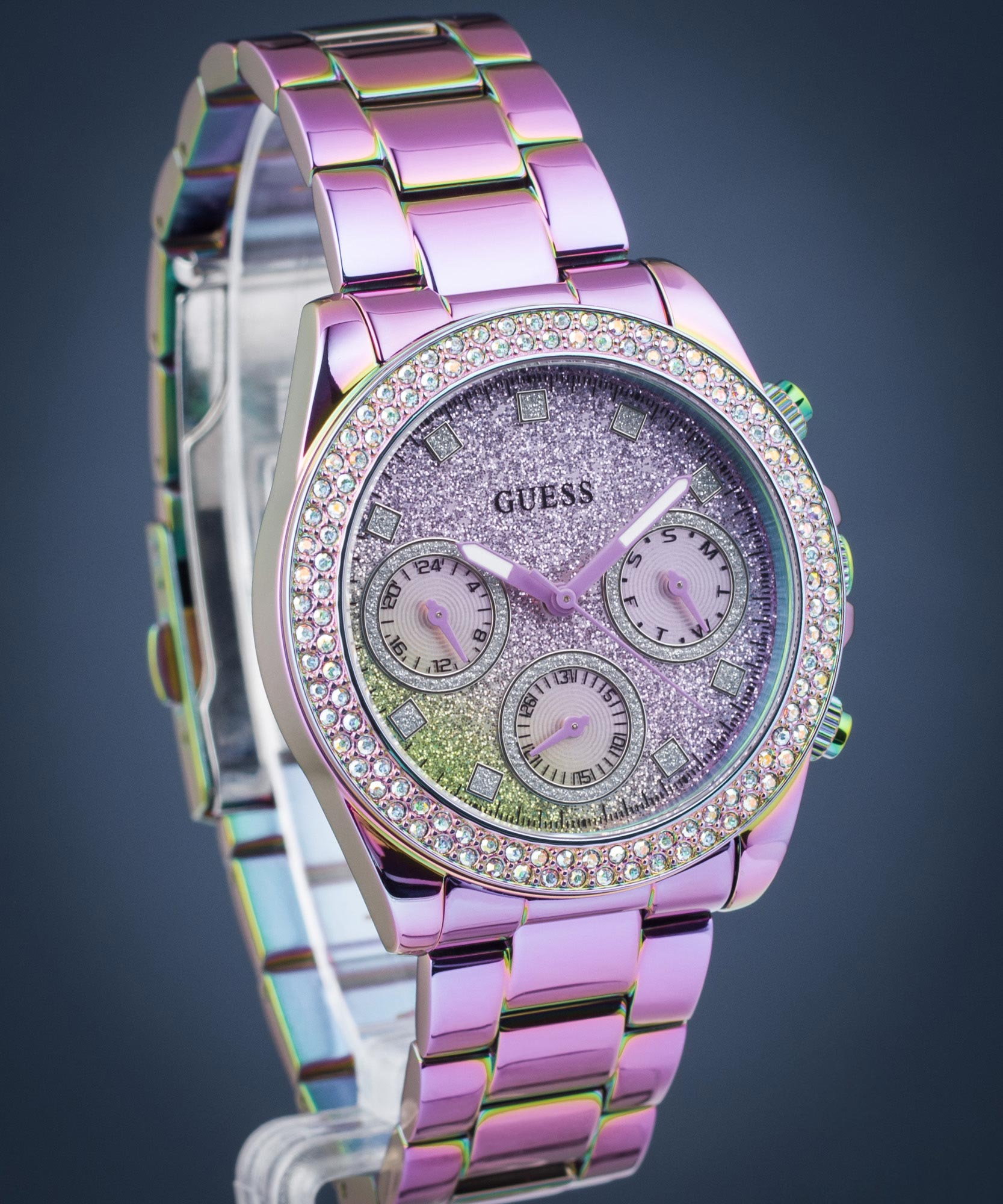 Guess Confetti Chronograph Rainbow Dial Gold Steel Strap Watch For Women  - GW0483L4