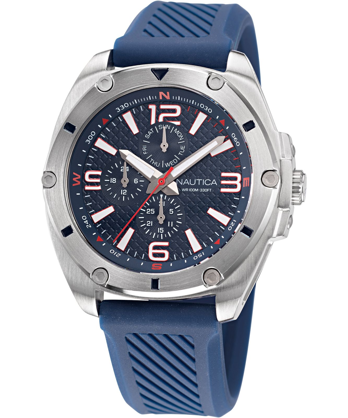 Nautica Tin Can Bay NAPTCS223 - Orologio Uomo 44mm, Cinturino In Silicone Rosso, Movimento Multifunzione, Impermeabile 100m