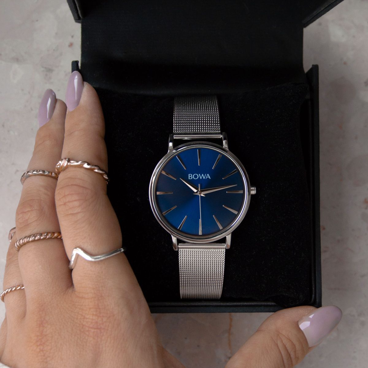 BOWA Praha Navy Blue-Silver Mesh 38 watch