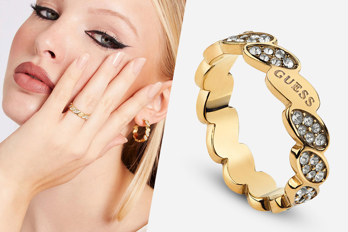 ladies' ring in gold colour with crystals leaf collection