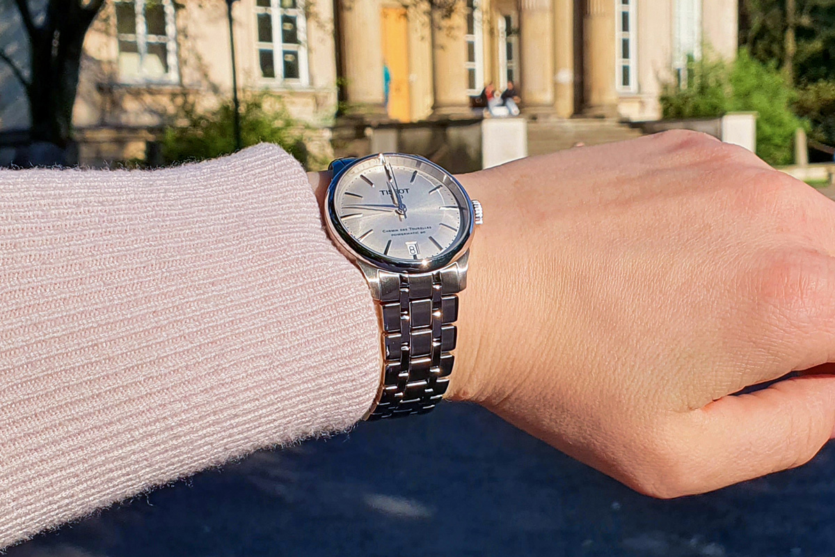 Women's Tissot Chemin des Tourelles Powermatic 80 wristwatch dial and sapphire glass